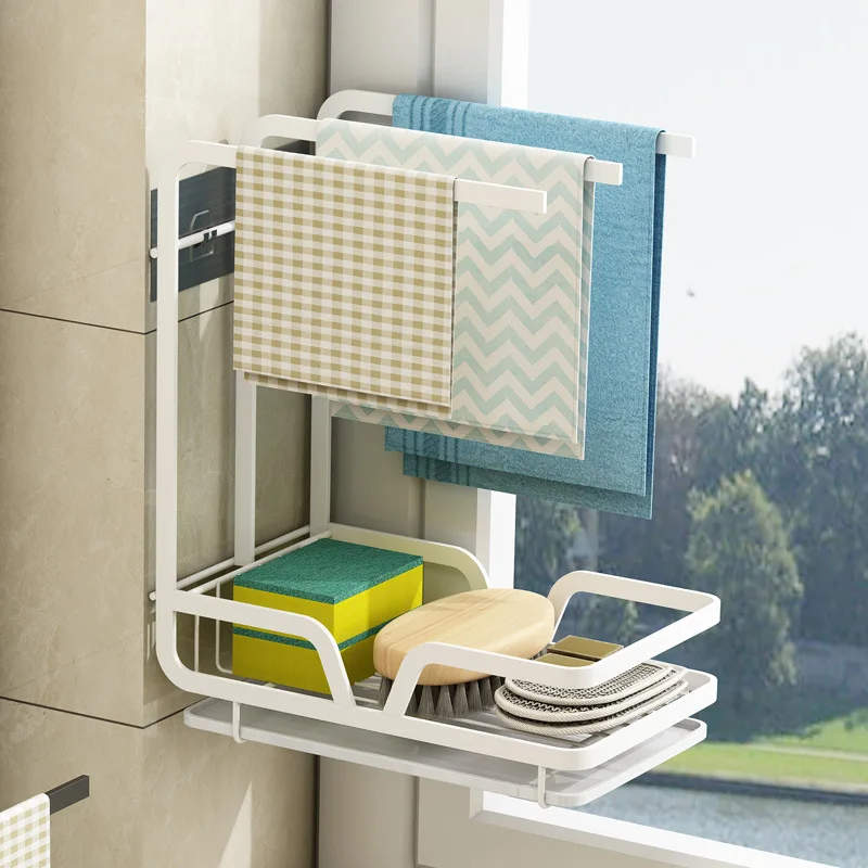 

Rag rack Wall Mounted No Drilling Table Shelf Dishcloth Drip Rack Storage Artifact Kitchen Rack Kitchen Supplies Dual Purpose
