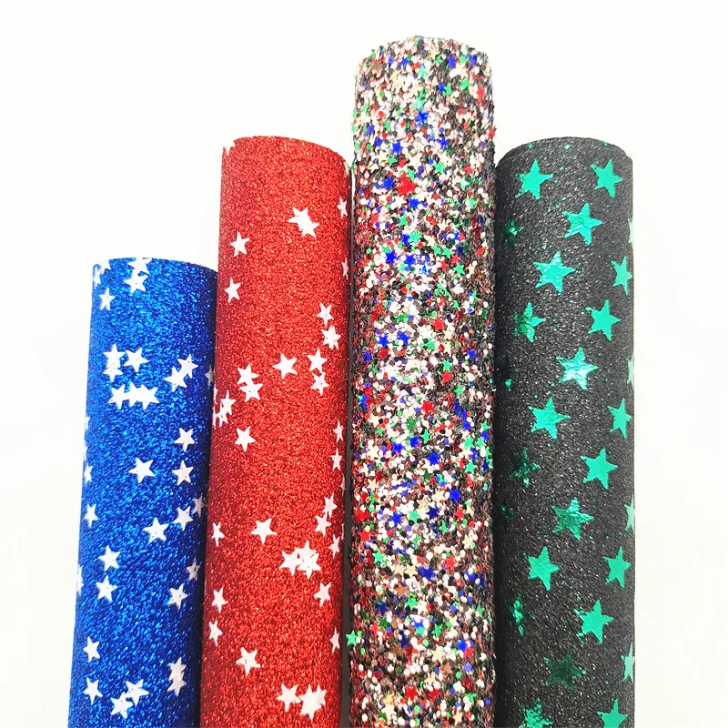 4PCS/SET Stars Mixed Glitter Vinyl Fabric Matching with Red Green Blue Glitter Faux Leather For Bows Earrings DIY 21X29CM Q052