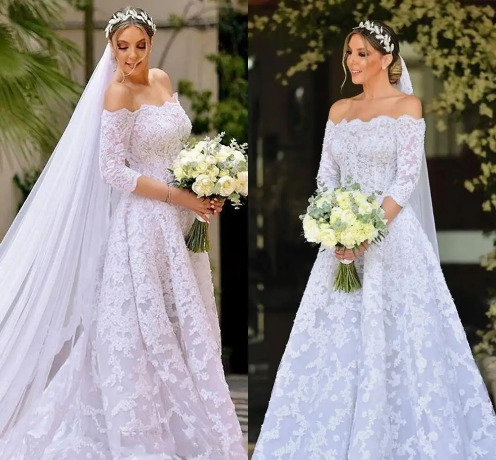 

2020 New Wedding Dress With Lace Appliques Off the Shoulder Half Sleeves A line Sweep Train Elegant Plus Size Bridal Gowns