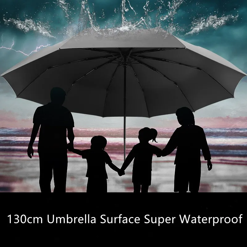 

2021 Size Foldable Strong Windproof Travel Umbrella Family 130cm Big Paraguas 3 Fold Rain Storm Umbrella for Men