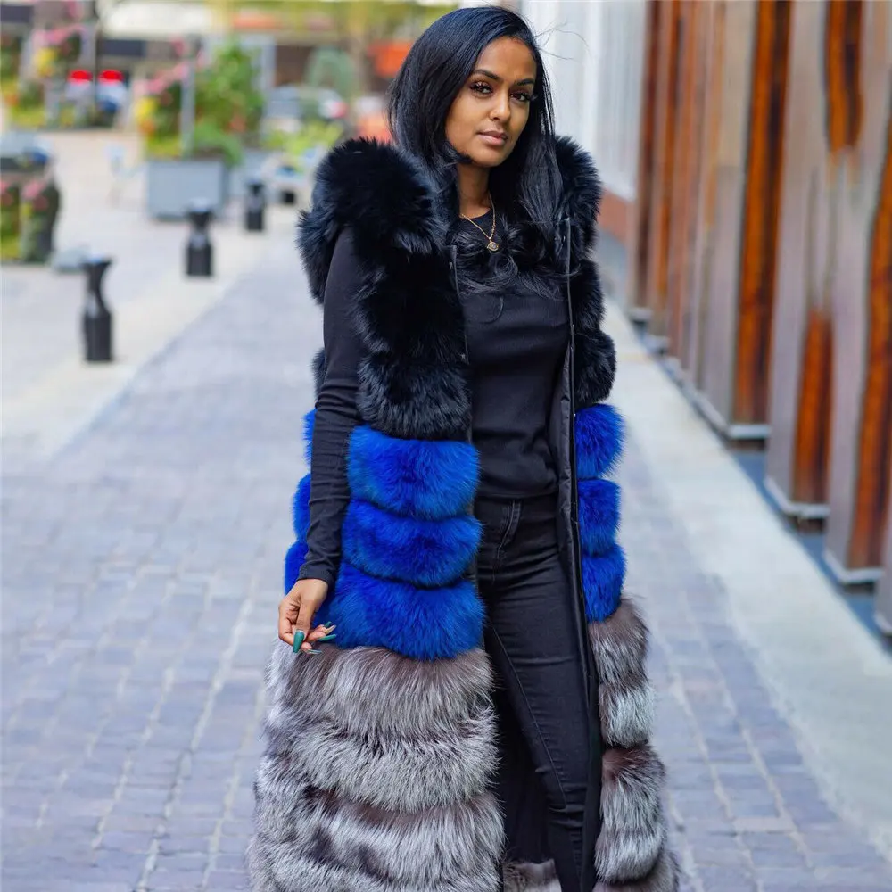 Fashion X-long Real Fox Fur Coat Sleeveless Winter New High Quality Genuine Full Pelt Fox Fur Vest with Hood Thick Fur Overcoats