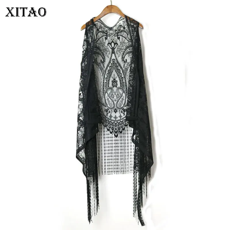 XITAO , сексуальный кружевной кардиган , женский жилет , Повседневный, выдалбливают, перспектива размера плюс, неровные, длинные, пляжные, элегантные, корейские Топы XWW2841 - изображение