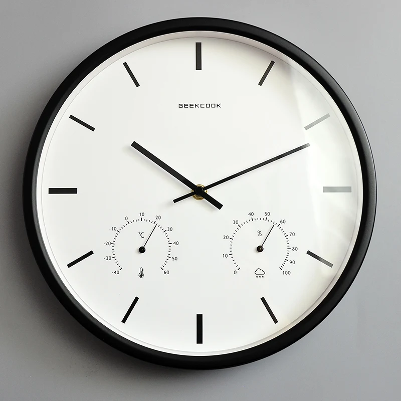 

Living Room Wall Clock Modern Design Metal Frame Wall Watch Creative Nordic Silent Quartz Clock with Temperature Humidity Gift