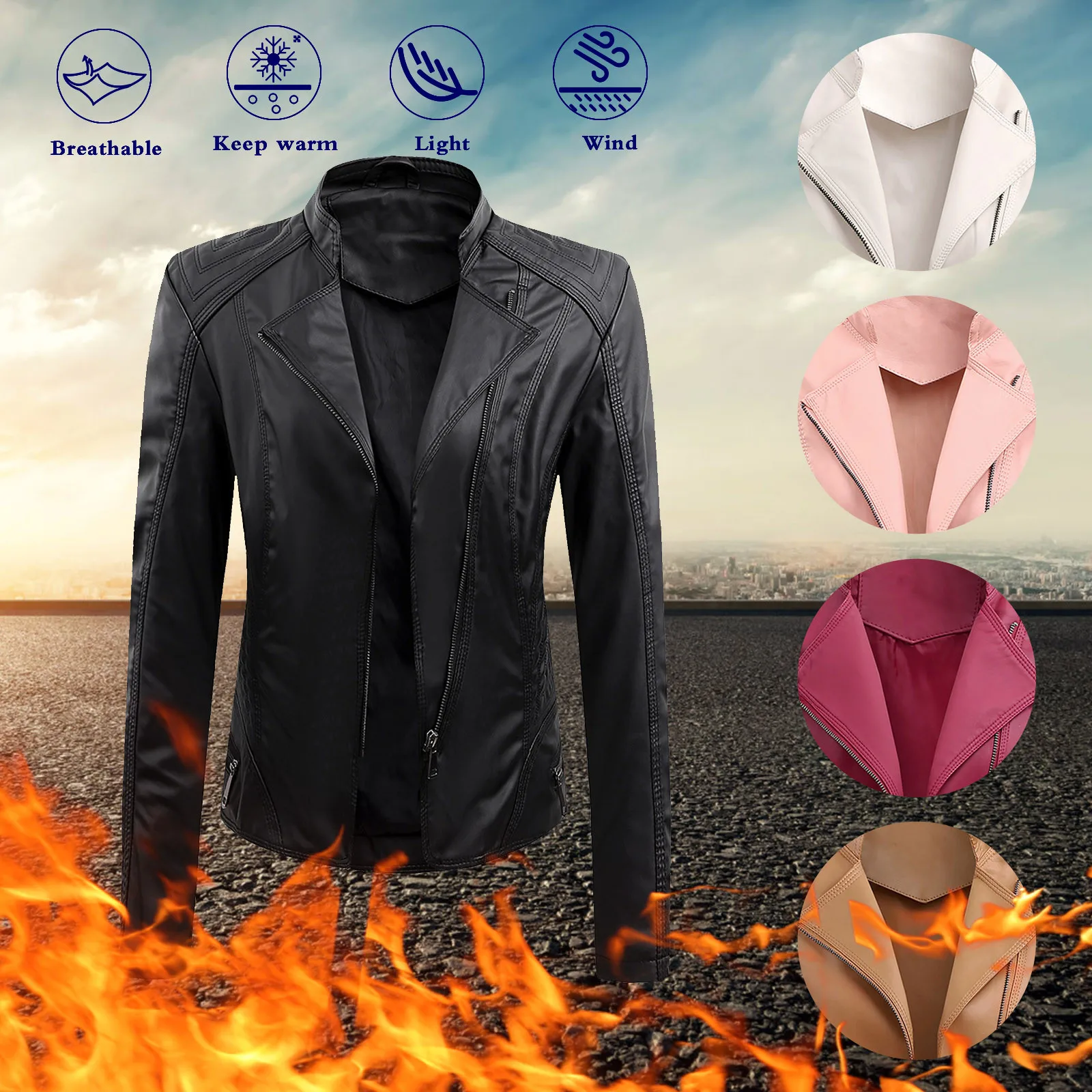 

Women Faux Leather Jacket Long Sleeve Slim Stand Collar Motorcycle Leather Jacket