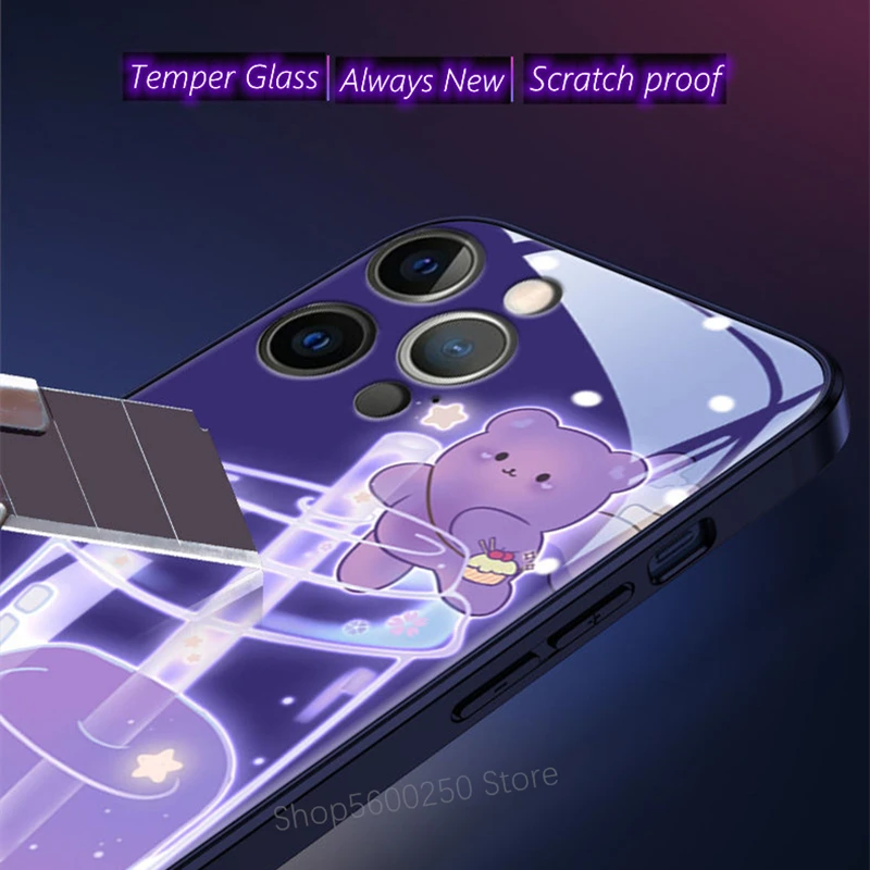 3D Purple Bear Bubble Boba Tea Case For iPhone 12 Mini 11 Pro XS Max XR 7 8 Plus Call LED Glow Soft TPU Back Cover