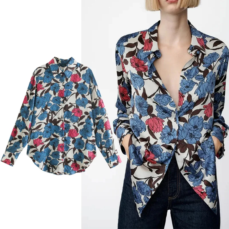 

TRAF Za Woman Shirt Blouses 2021 Autumn New Women Fashion Floral Print Shirt Blouses Summer Retro Elegant Casual Loose Chic Tops
