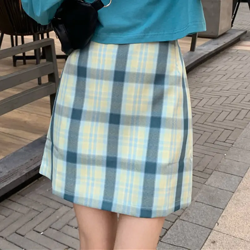 

Women Sets Solid Pockets Long Sleeve T-shirts Plaid Mini Skirts Gentle Korean Style Elegant High Waist Spring Trendy Chic Female