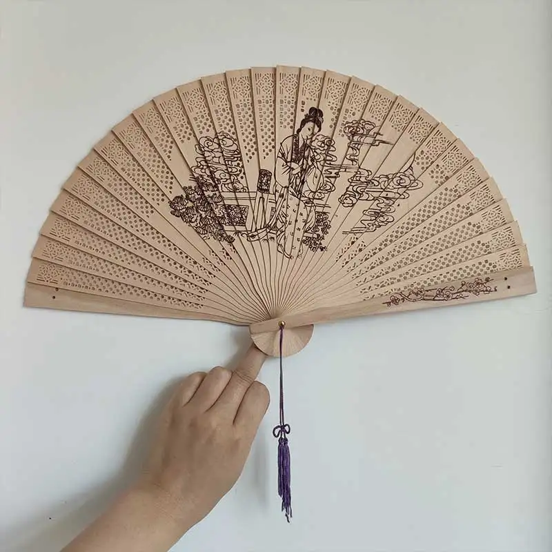 

1Pcs Hand-made Antique Craft Fan Vintage Hollow Incense Wood Lady Folding Fans Chinese Style Wood Carving Printing Decoration