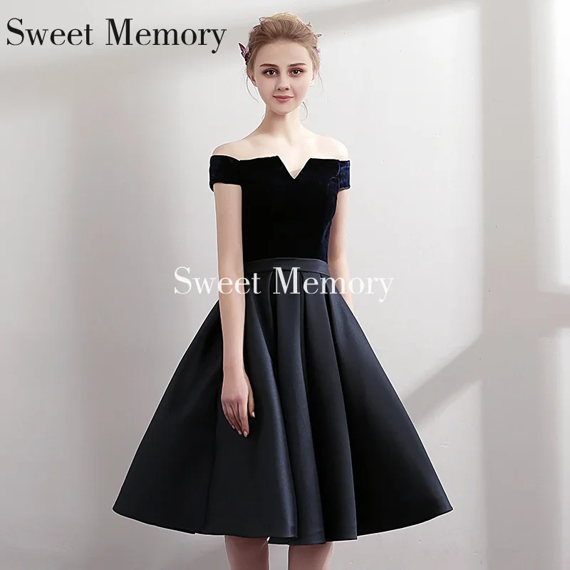 

J0130 Sweet Memory Boat Neck Short Dark Navy Evening Dress Velour Satin Lace Up Party Banquet Dresses Vestdios Party Robe