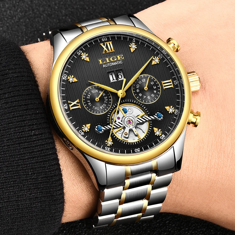 Часы наручные LIGE Мужские автоматические брендовые Роскошные модные деловые
