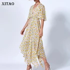 Женское шифоновое платье с принтом XITAO, повседневное Свободное платье с v-образным вырезом и асимметричным подолом CLL1488