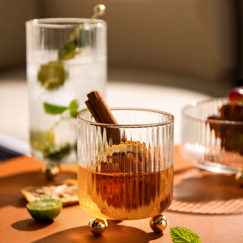 

Creativity Nordic Vertical Stripes Transparent Golden Ball Glass Fruit Juice Water Cup Milk Water Ripple Cups Household