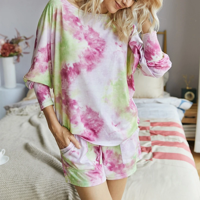 

Women's 2-Piece Outfit Sets Women's tie-dye loose 7-point sleeve suit Round Neck Crop Short Sleeve Top Short Pants Set