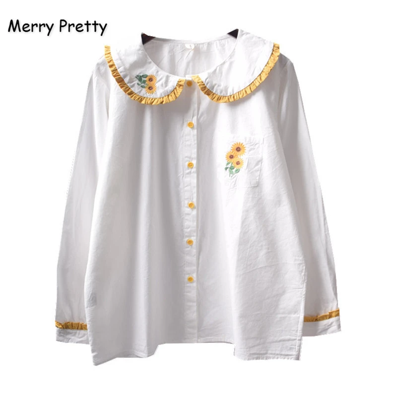 

Merry Pretty Cotton Linen Women Sunflowe Floral Embroidery White Blouses 2020 Autumn Long Sleeve Peter Pan Collar Sweet Shirts