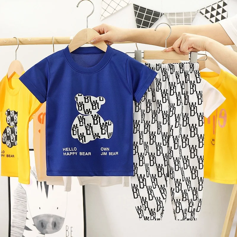 

Girls Short-sleeved Suit Children's Little Bear Summer Clothes White Black Korean Version Casual Outits Boys Cute Tops&pants Set
