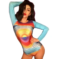 party evening costumes long sleeve pattern printing multicolor bodysuit personality performance costume ladies dance wear