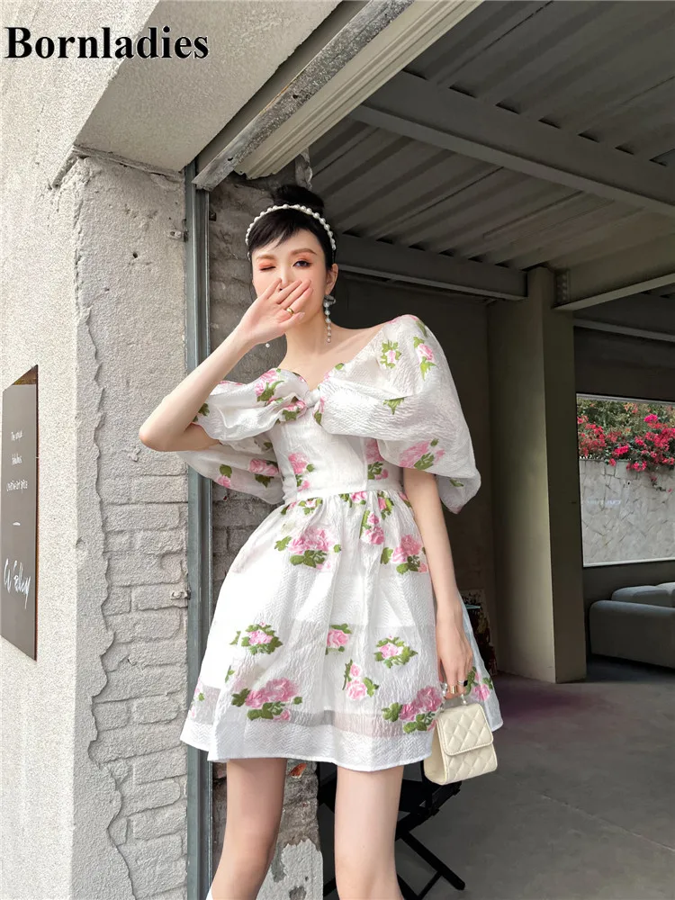 

Bornladies Designer Floral Mesh Jacquard Off The Shoulder Summer Dress 2021 Big Bow Tunic Cute Mini Ruched Dress Korean Style