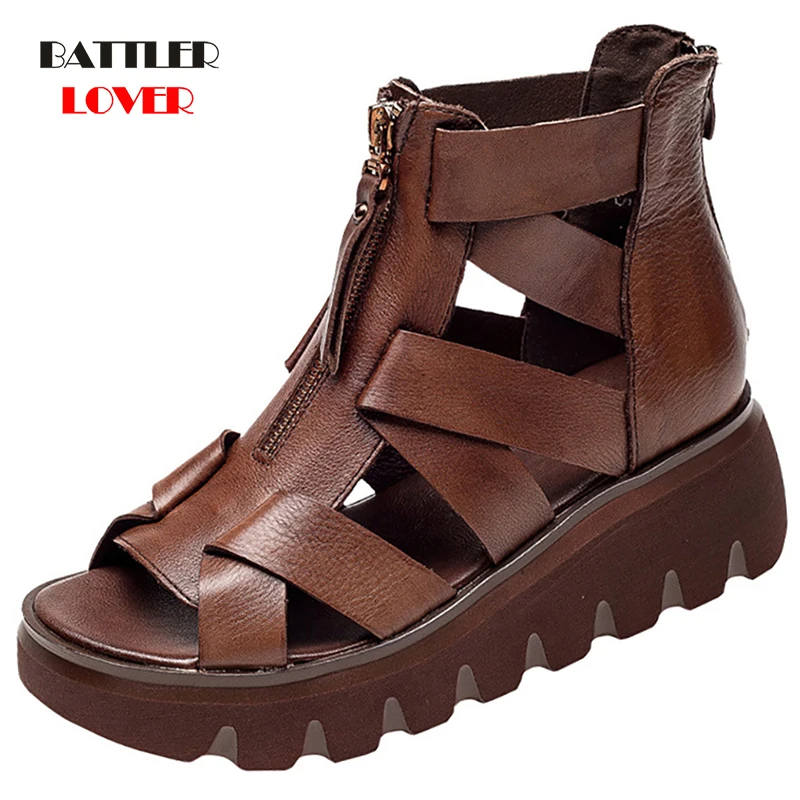 

Genuine Cow Leather Sandals Summer Women Ankle Boots Casual Retro Handmade Shoes For Female Hollow Buckle Chunky Boot Sandalias