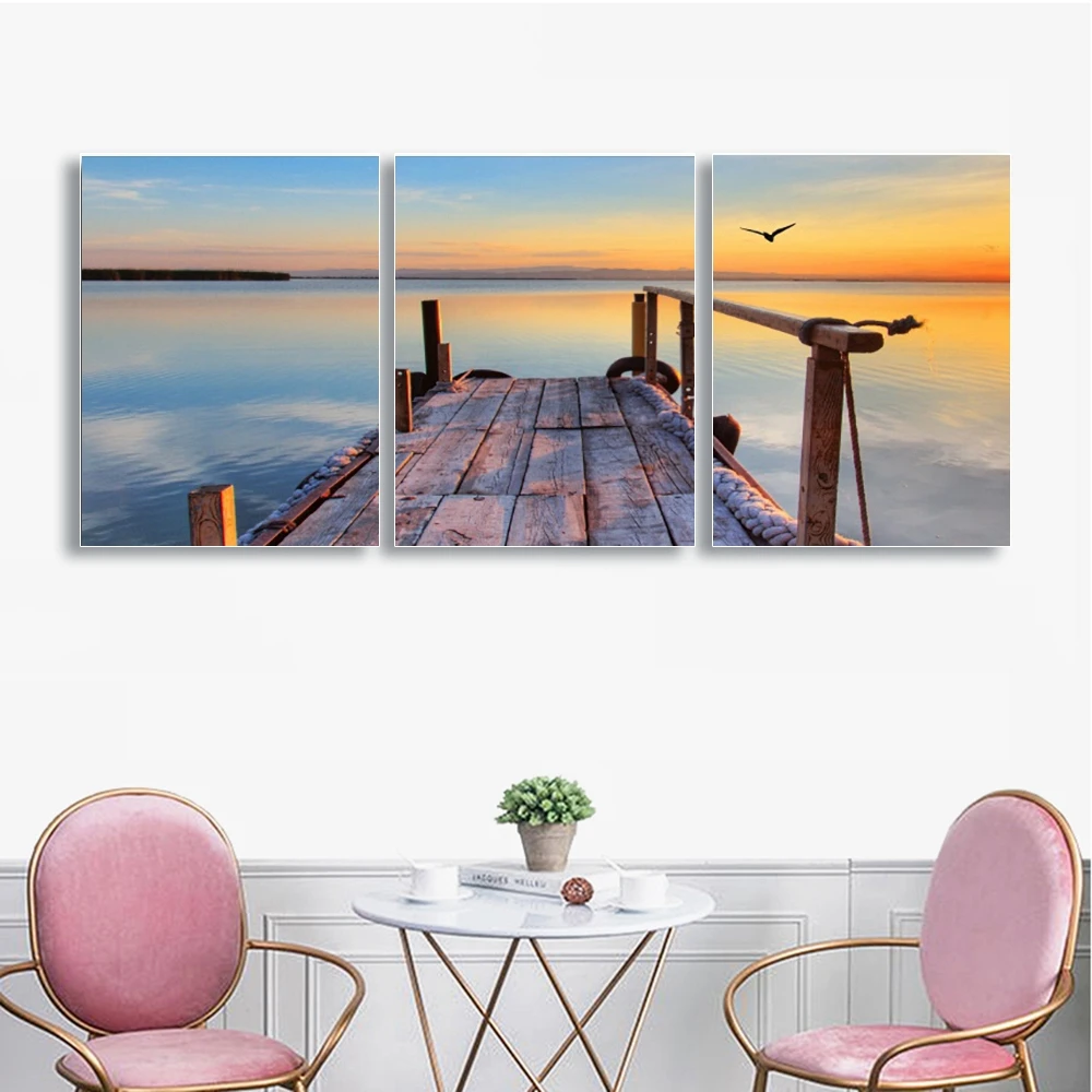 

3 Panel Afterglow Landscape Canvas Painting Bird Bridge Posters And Prints Wall Art Pictures For Living Room Home Decor