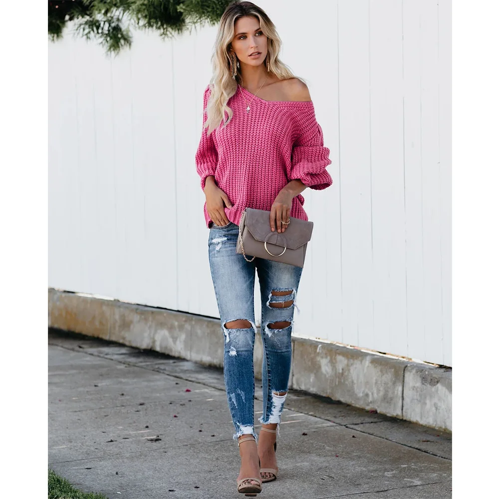 

DiiWii Womens Top Solid Color V Neck Knit Sweater Loose Back Lantern Sleeves