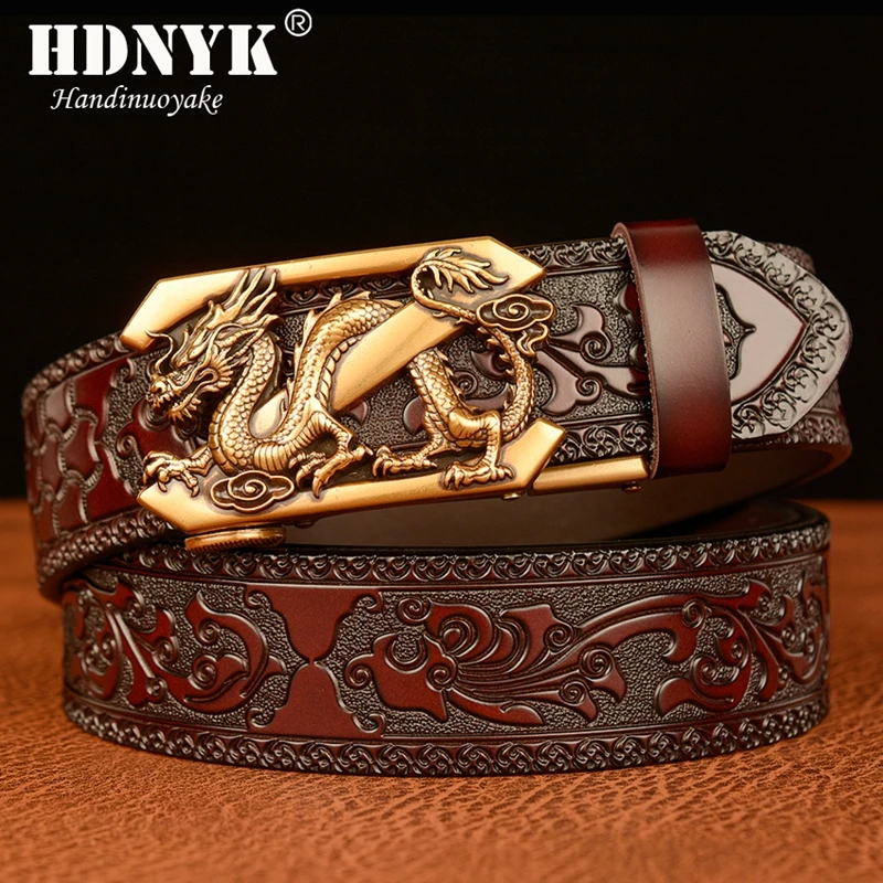 

2021 New Arrivel Embossing Retro Technology Belts for Men Genuine Cowhide Leather Belt with Dragon Pattern Automatic Buckle