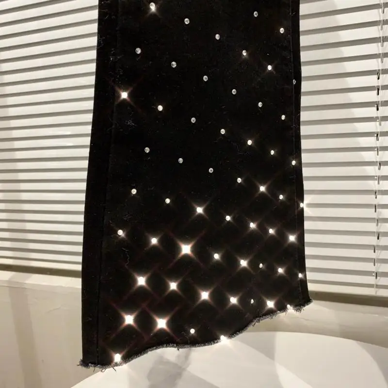 

2021 New Fashion Blcak Denim Flare Jens Star Diamond Shiny Slim Flared Pants Black Jeans Women