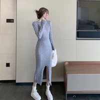 new style slim temperament knitting 2021 autumn and winter twist over the knee front and back double bottomed sweater long dress