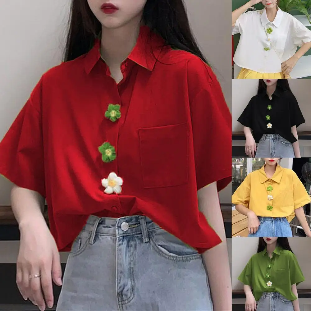 

Student Shirt Flower Solid Color Women Loose Buttons Blouse for School