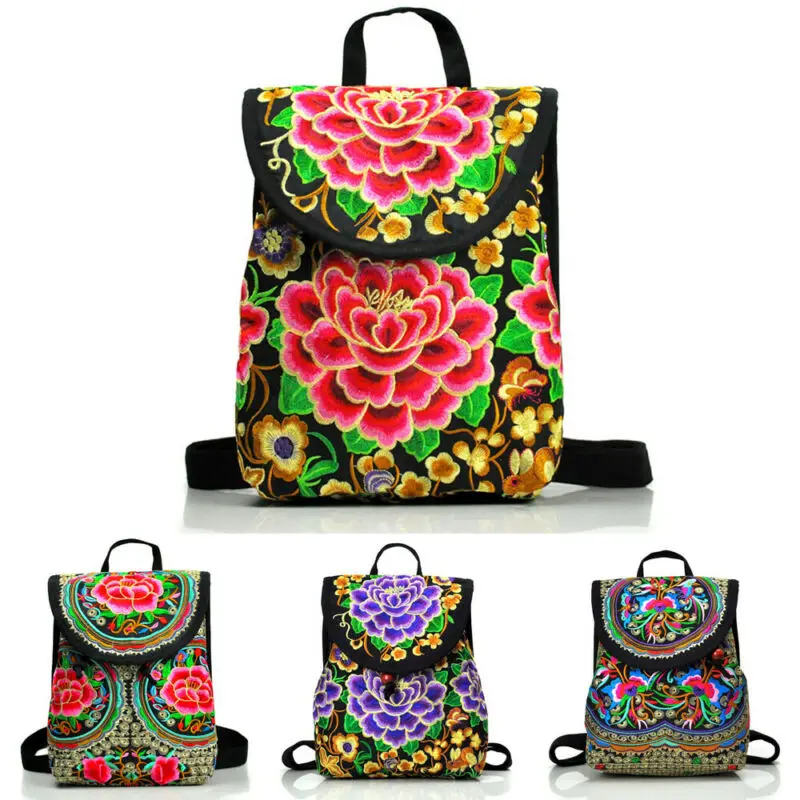 

Рюкзак женский с цветочной вышивкой, модный портативный дорожный ранец из хлопка, разноцветная сумка на плечо
