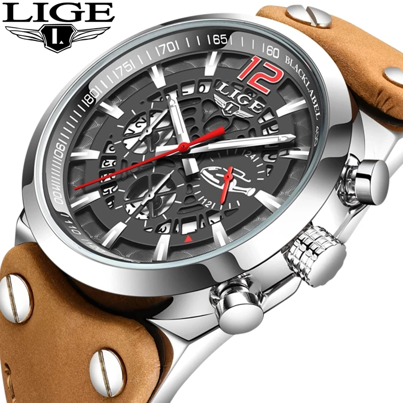 

2021 LIGE Casual Leather Quartz Watches Mens Business Top Brand Waterproof Wristwatch for Men Sport Chronograph Reloj Hombre+Box