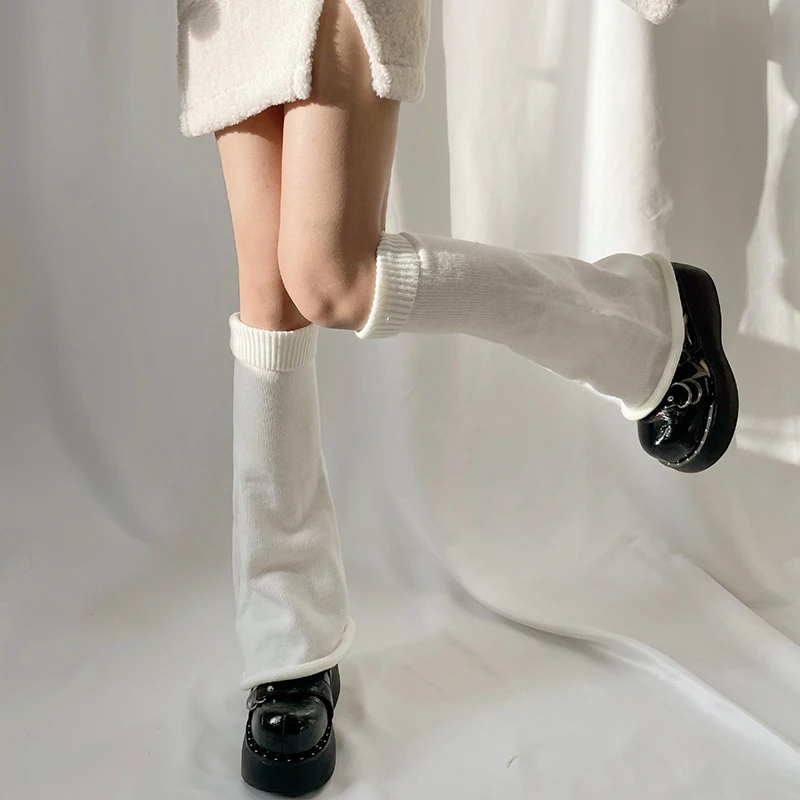 Flared Leg Warmers Women White Winter Loose Boot Stockings Girl Solid Knitted High Knee Socks Lolita Leg Warmer Socks Fluffy