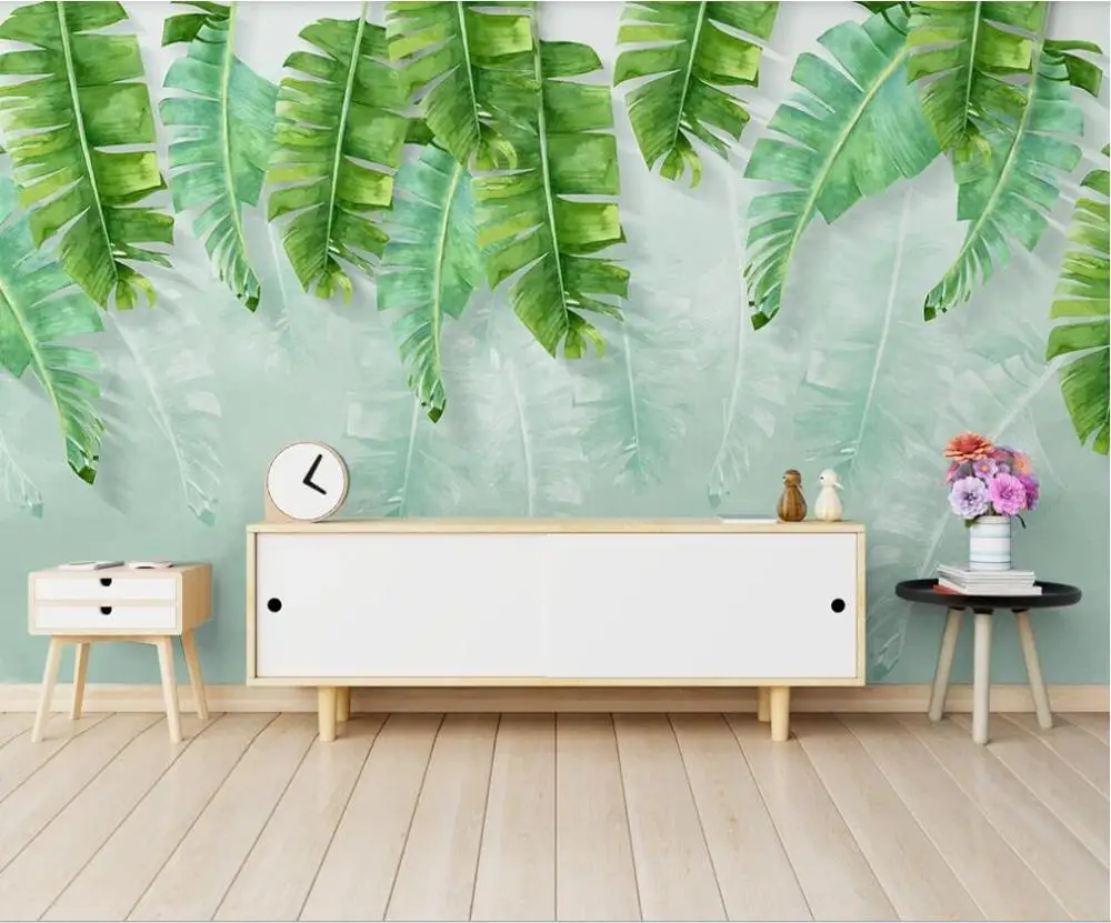 

XUE SU Customized large mural / wallpaper / simple and small fresh green banana leaf watercolor style background wall