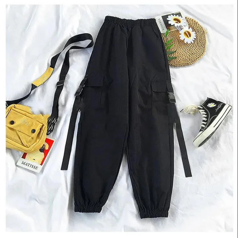 

2021 Autumn Streetwear Pants High-Waist Straight Ribbon Cargo Pants Student Loose Short-Sleeved Shirt with Tie two-piece Set
