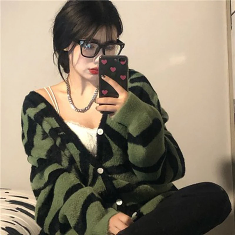 Women Cardigan Zebra Pattern V-neck Loose Casual All-match Single Breasted Knitted Sweater Korean Style Ulzzang Autumn Outwear
