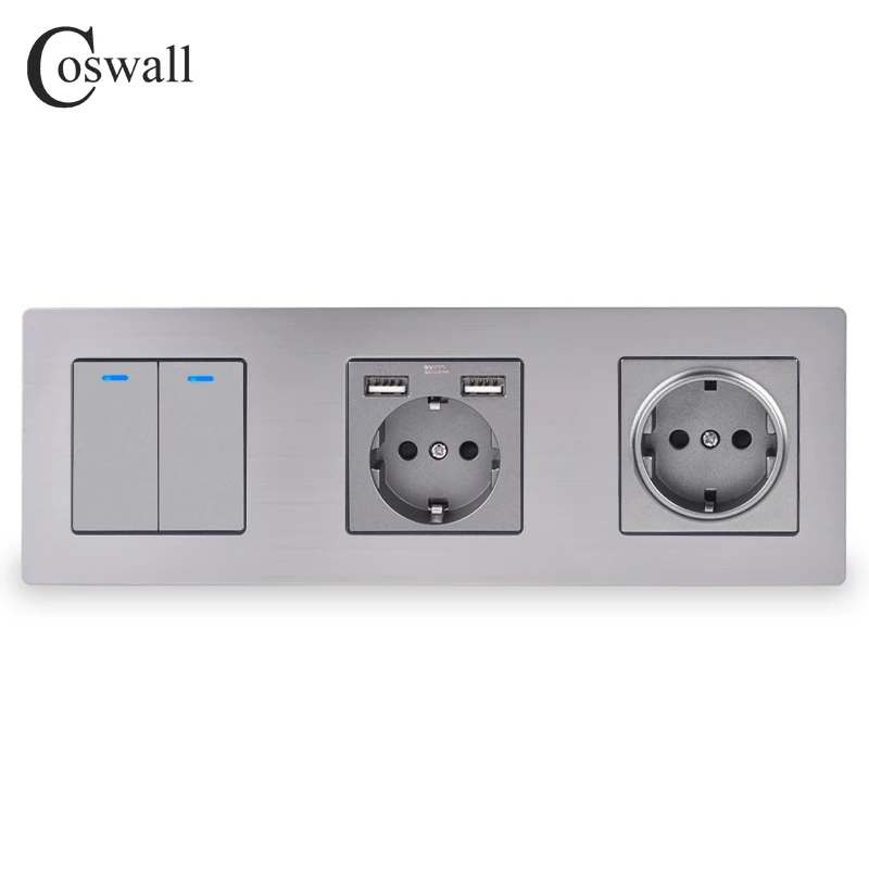 COSWALL S08 серебристая панель из нержавеющей стали серый настенный выключатель