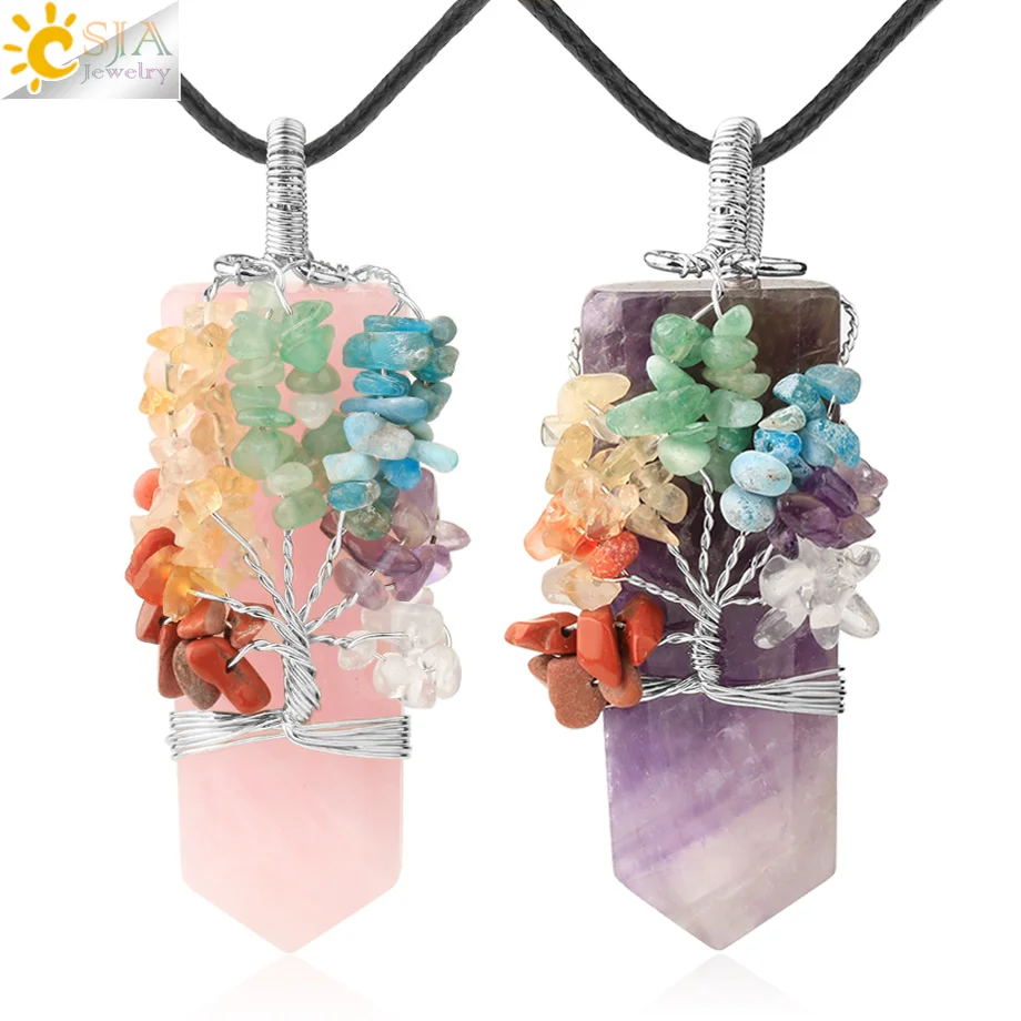 

CSJA 7 Chakras Tree of Life Necklace Women Men Wire Wrap Natural Stone Pendants Amethysts Rose Crystals Quartz Necklaces G677