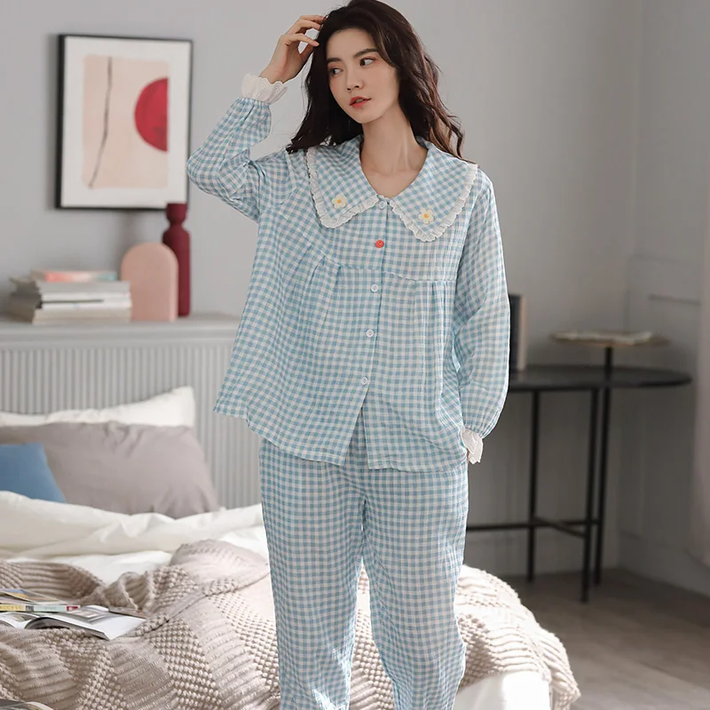 

Spring and Autumn Pajamas Women's Korean-Style Long-Sleeved Flower Plaid Cotton Suit Double-Layer Gauze Fresh Homewear Can Be