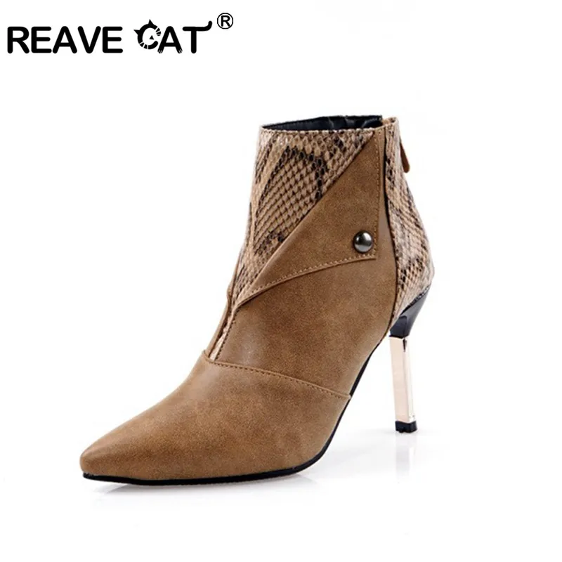 REAVE CAT/женские ботильоны пикантные вечерние туфли на высоком каблуке шпильке с острым носком молнии из