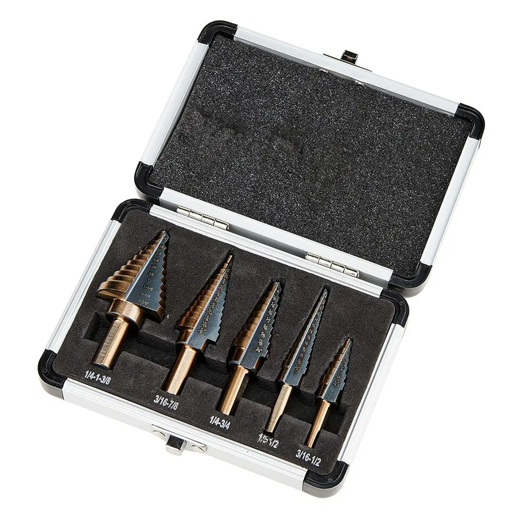 

5-piece Step Drill In Aluminum Box Triangular Shank Hole Reaming Wide Range Of Applications High Speed Steel Drill