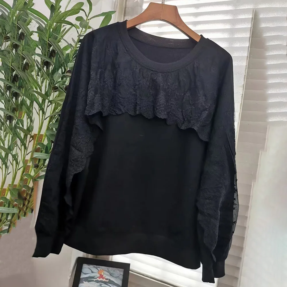

2021 Autumn Winter New Women Casual Hoodie Solid Color Lace Splicing Pullover Round Neck Long Sleeve Korean Fashion Loose