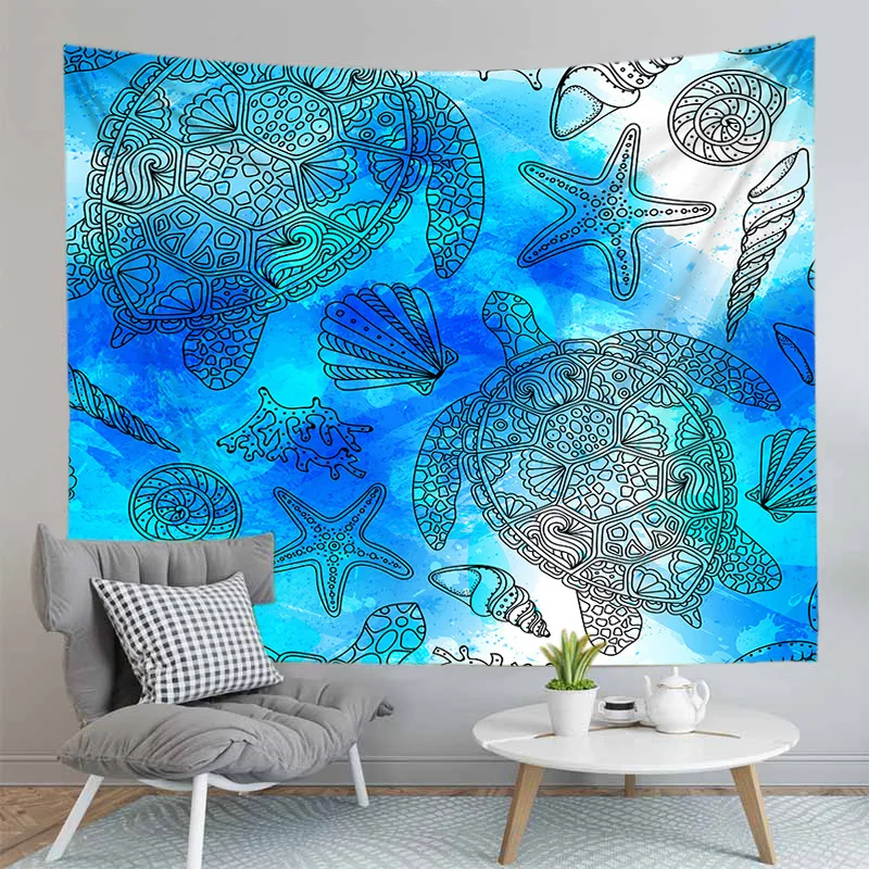 

Cartoon Ocean Animals Pattern Wall Hanging Tapestry Bohemian Background Cloth Home Decoration Tortoise Bedspread Yoga Mat