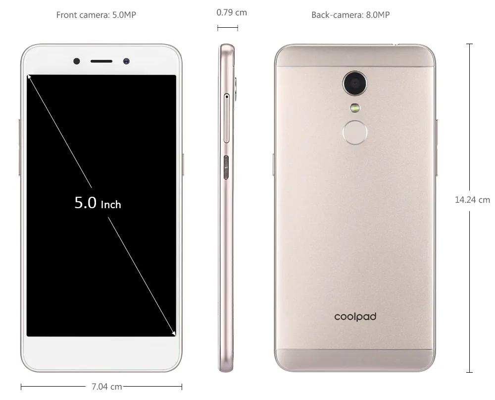 Мобильный телефон Coolpad E2, глобальная версия, 5,0 дюймов, отпечаток пальца, 2 ГБ, 16 ГБ, Четырехъядерный Смартфон Snapdragon 210, 4G