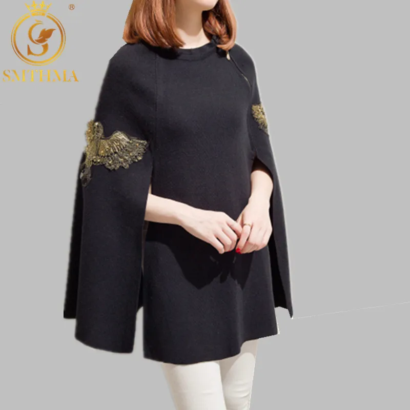 Женское пончо с вышивкой SMTHMA черно серое бусинами и накидки вязаный шерстяной