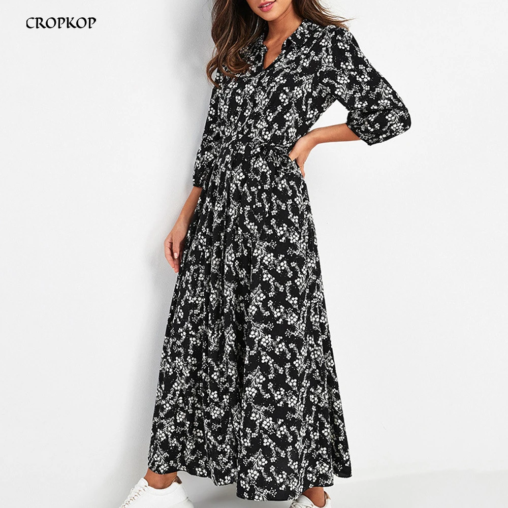 Рубашка длинное платье халат Лето Весна Винтаж Черный цветочный цветок женская