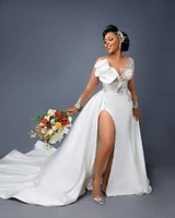 2022 sexy arabic aso ebi mermaid wedding dress illusion neck lace crystals side split detachable train ruffles bridal gown