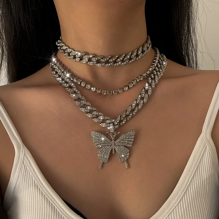 

Multilayer Fashion Bling Rhinestone Butterfly Pendant Choker Necklace for Women Crystal Wedding Statement Jewelry Wholesale Gift