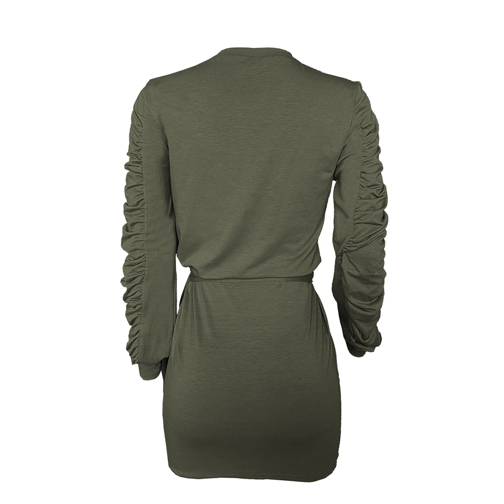 

Women Dress Ruched Puff Sleeve Cotton Blends O Neck Solid Color Waist Bandage Mini Sweatshirt Dress Street wear femme robe 2021