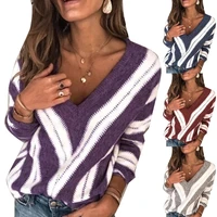 fashion women autumn long sleeve v neck color block loose plus size sweater hot sales 2020