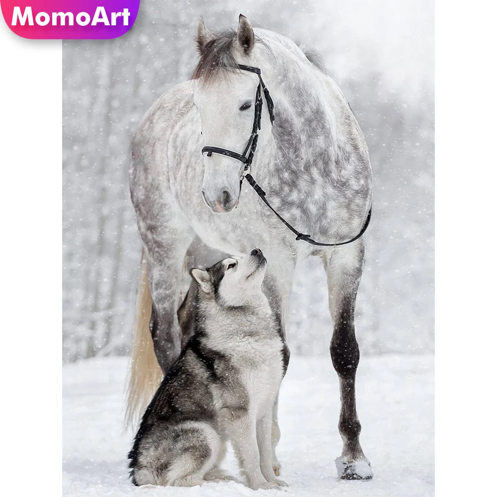 

MomoArt 5D DIY Diamond Mosaic Horse Animal Picture Of Rhinestone Diamond Embroidery Dog Needlework Painting Winter Handicraft