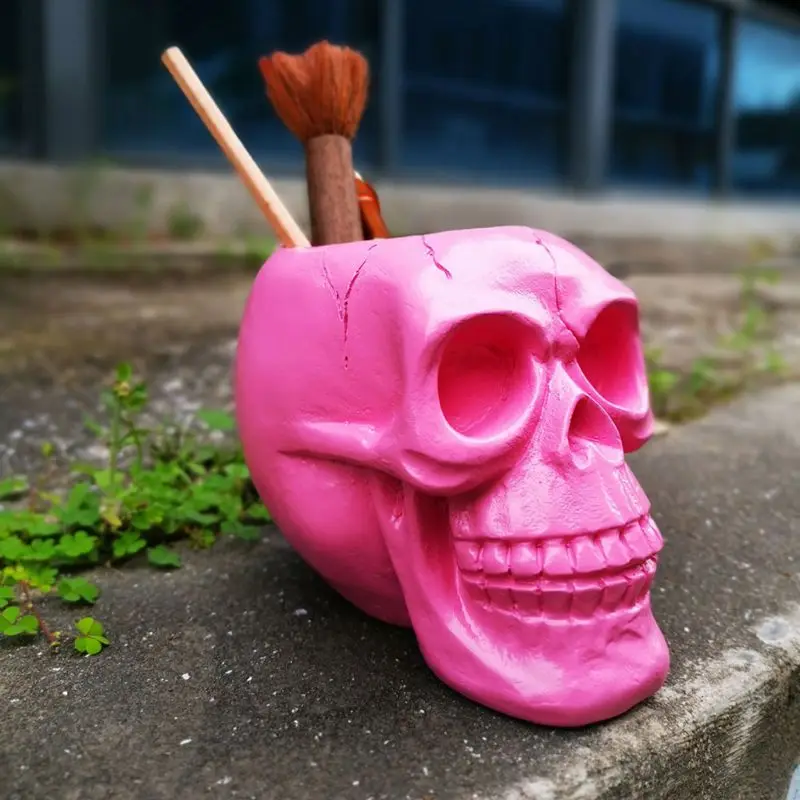 

Creative Pink Skull Ornament Skeleton Pen Holder Desktop Pencil Organizer Makeup